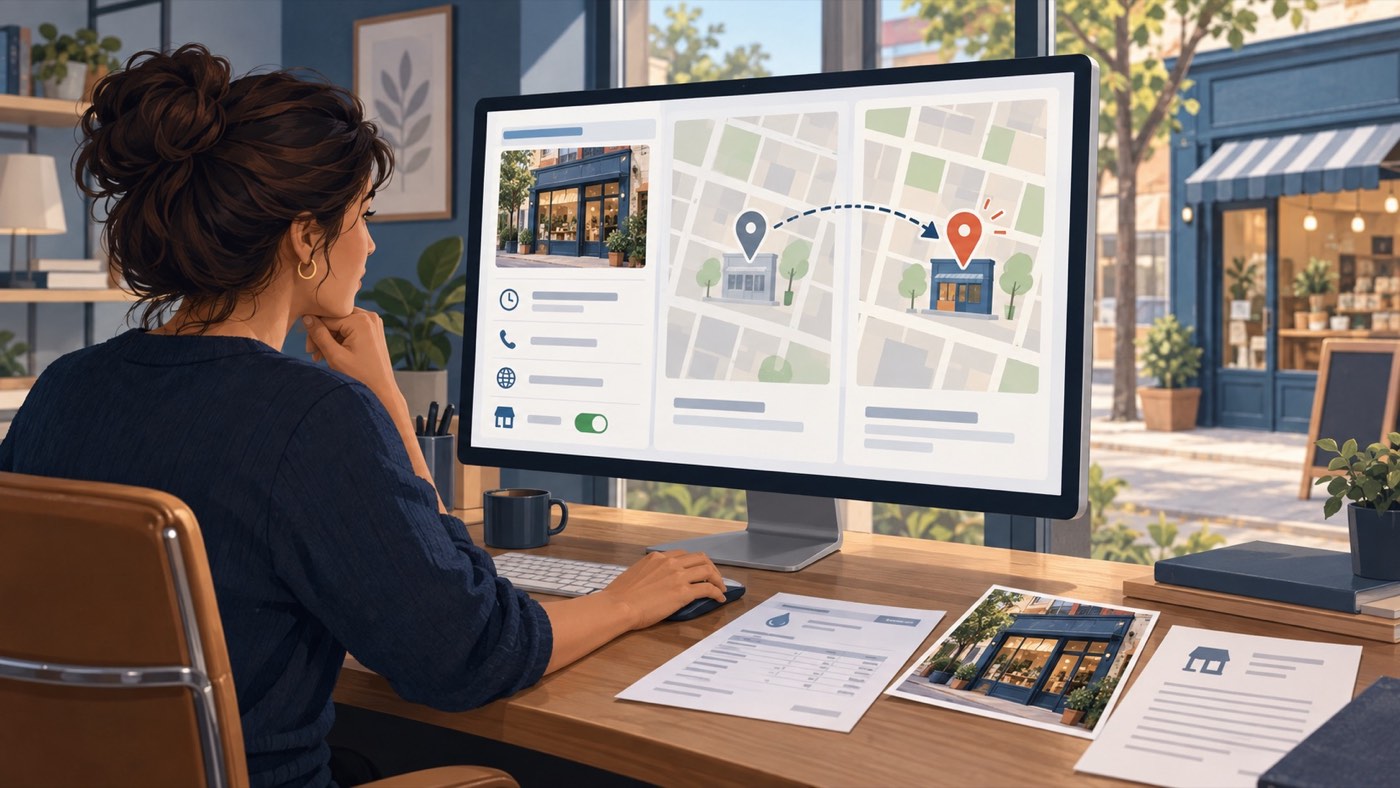 Business owner correcting a misplaced map pin and inaccurate details for a storefront listing