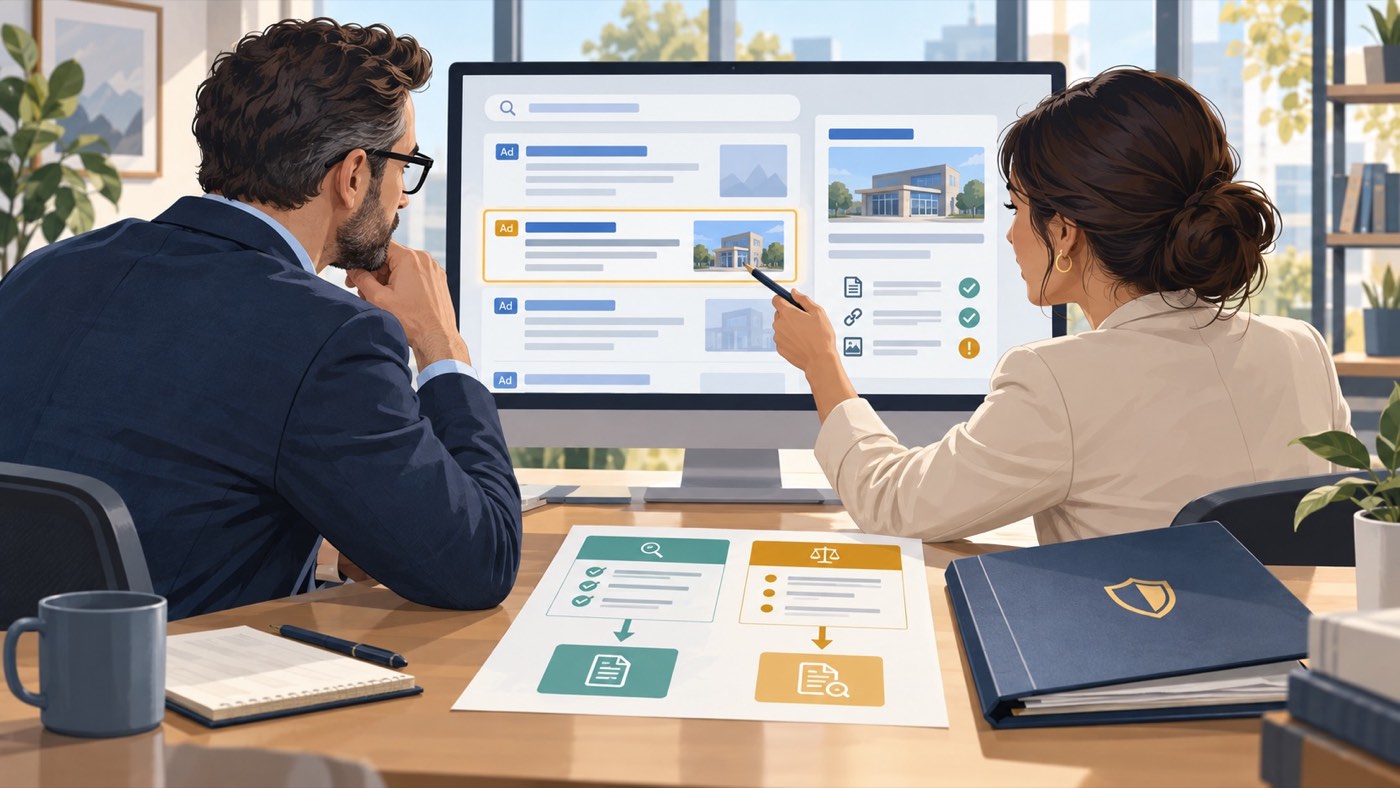 Business owner and paid-search adviser reviewing a competitor ad that uses the company name