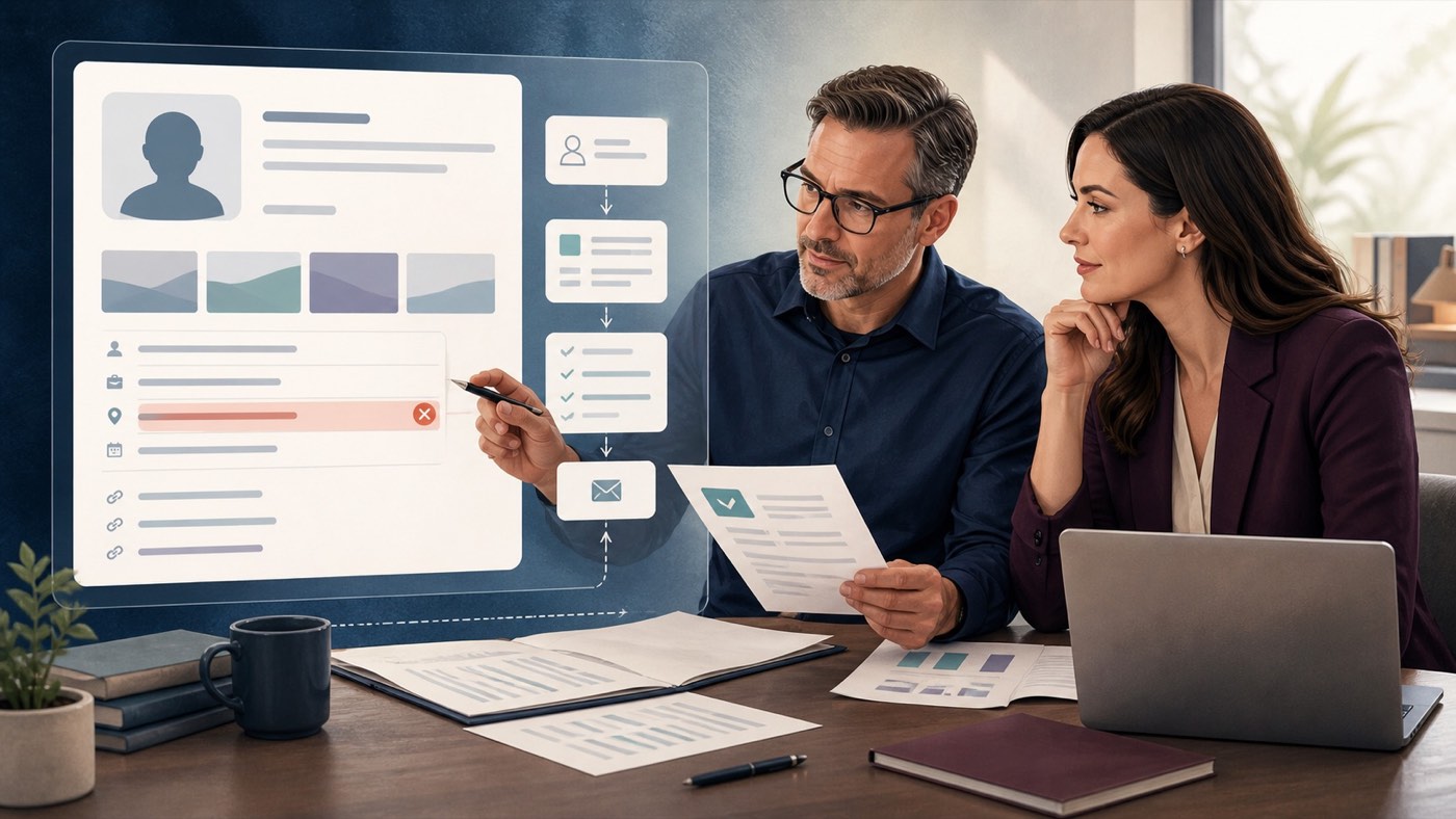Business owner and adviser comparing a search information panel with verified records before submitting a correction