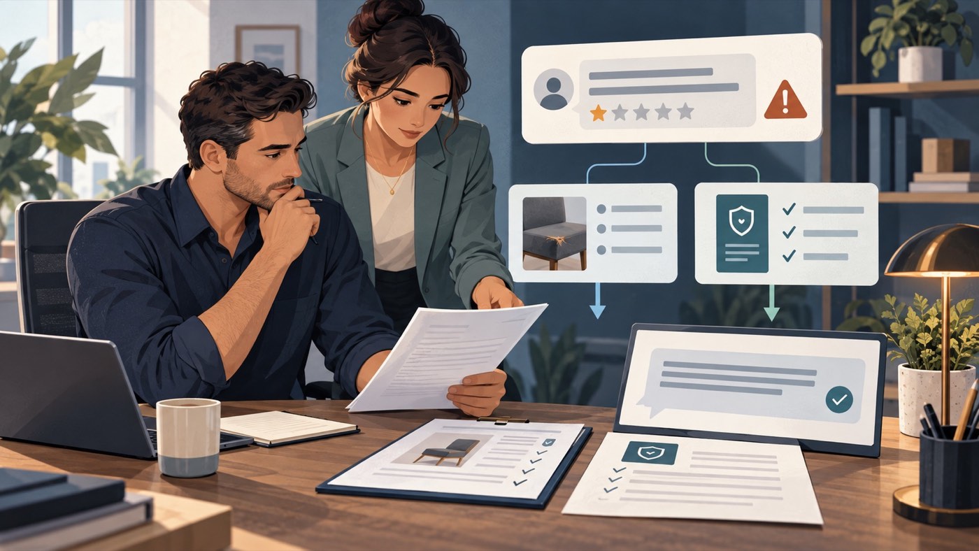 Business owner documenting a conditional bad-review threat and reviewing a fair refund policy