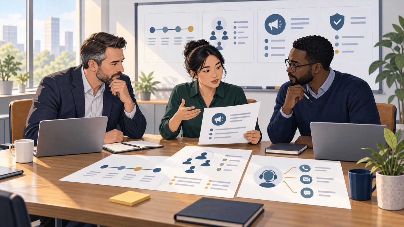 Business owner, security specialist, and communications adviser preparing customer updates after a data breach