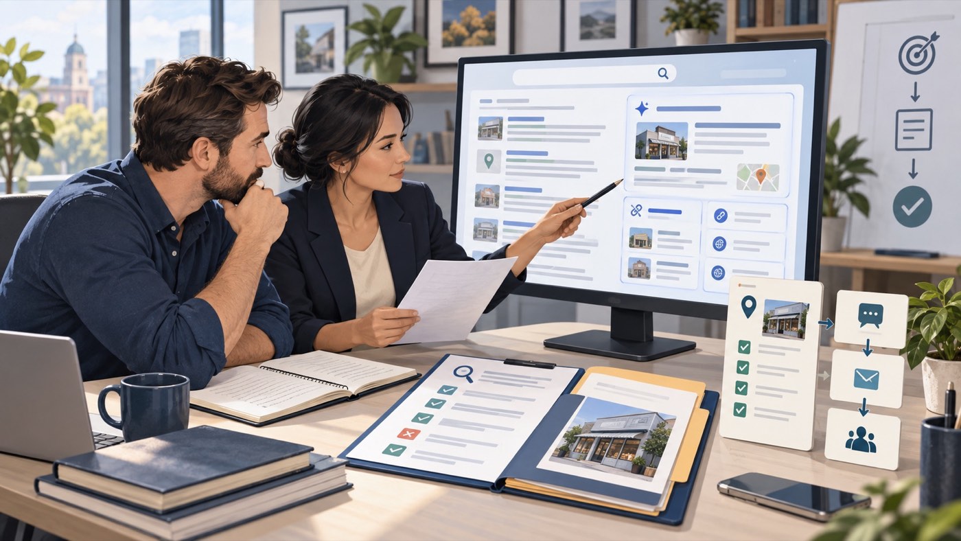 Business owner and reputation adviser comparing an AI search summary with reliable company records