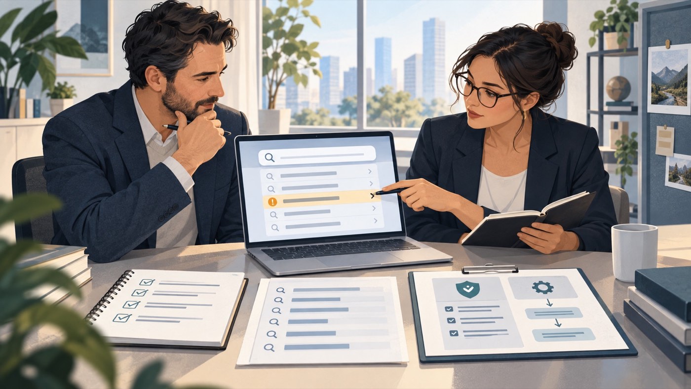 Business owner and adviser reviewing negative Google Autocomplete predictions and documenting a response plan