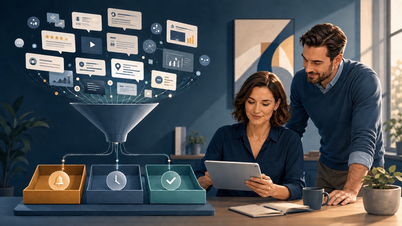 Business owners calmly sorting online brand signals into three priority levels