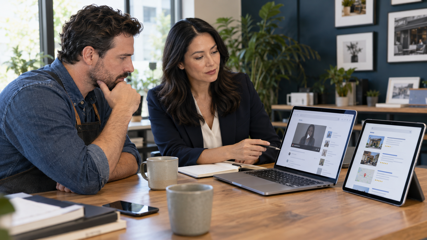 Business owner and reputation adviser reviewing a critical online video and branded search results