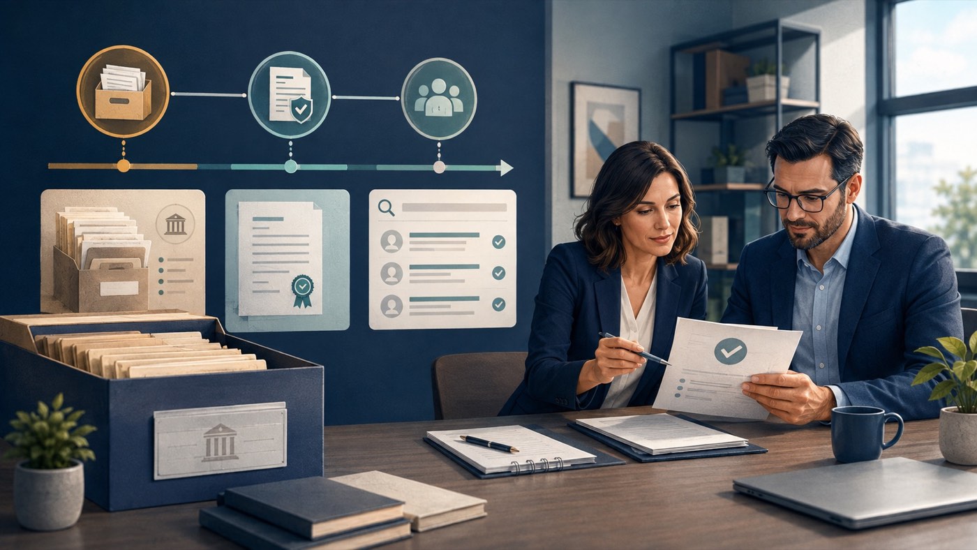 Business owner and adviser comparing an archived court file with a current verified case outcome