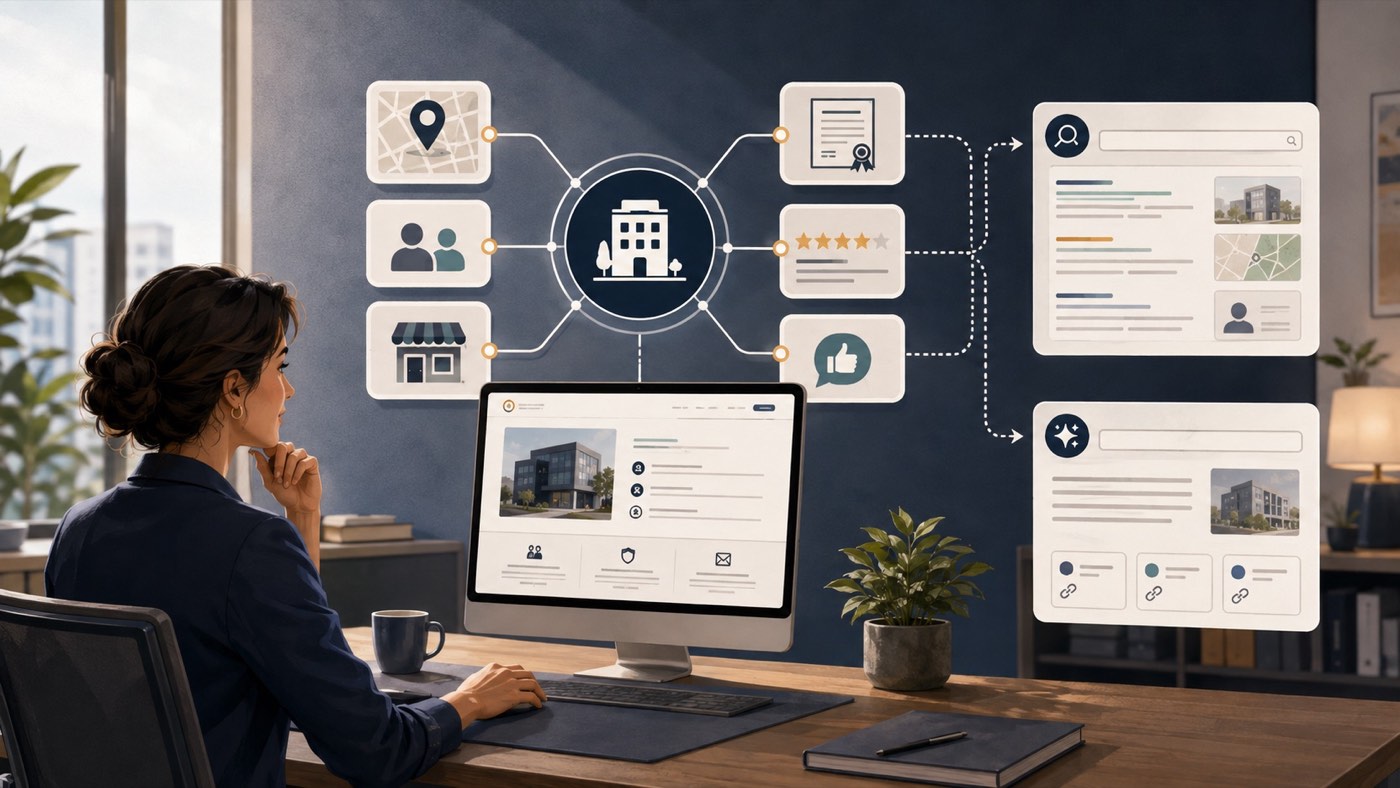 Business owner reviewing a connected set of accurate online profiles that support search and AI trust