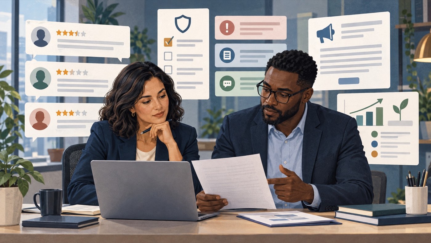 Employer and reputation adviser reviewing workplace feedback and a policy-based response plan