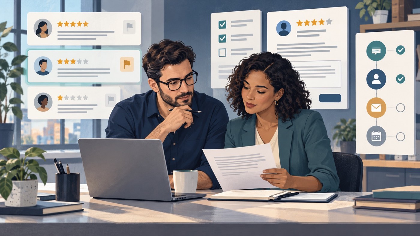 Business owner and reputation adviser reviewing customer feedback, evidence, and a professional response plan