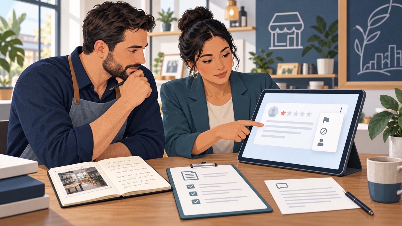 Business owner and adviser reviewing a critical Yelp review against content guidelines