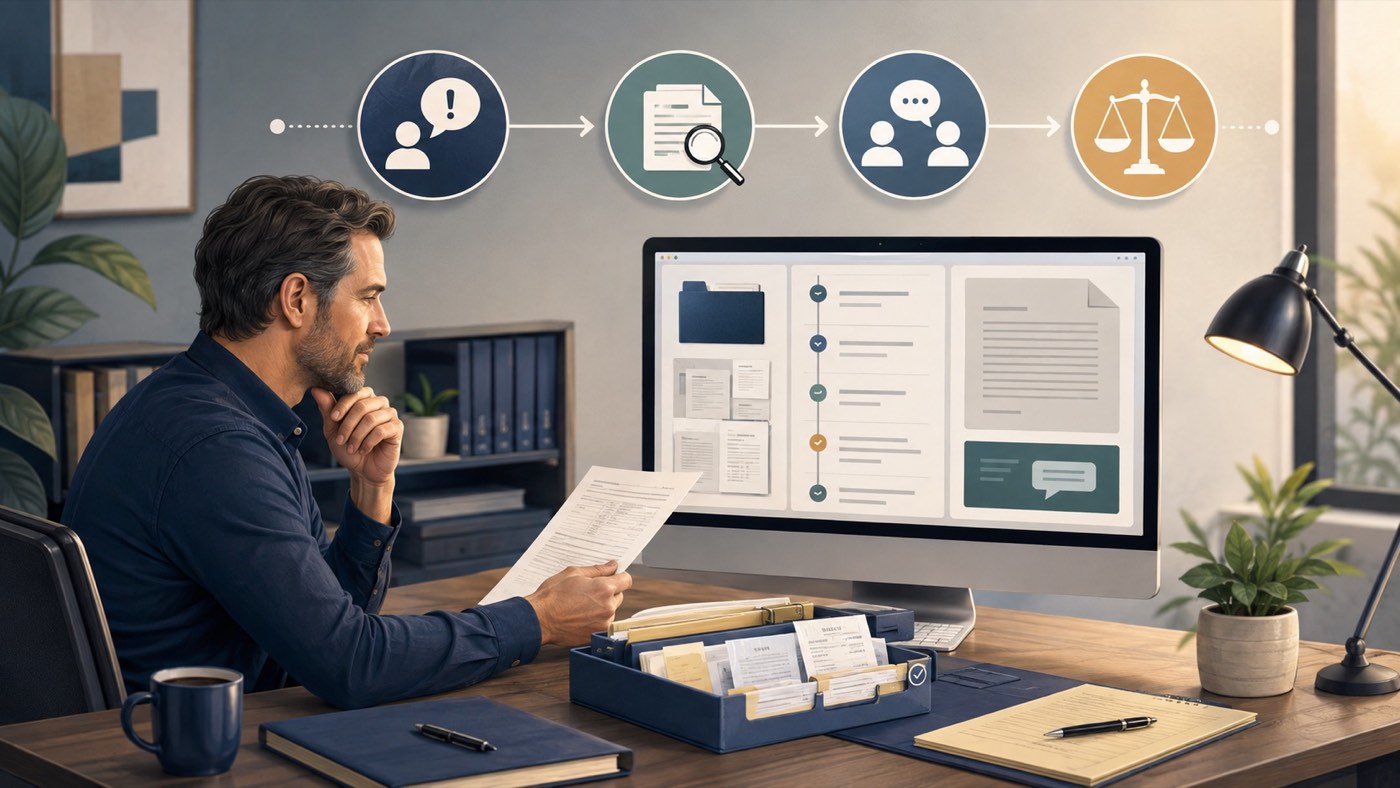 Business owner reviewing records and preparing a calm response to a formal customer complaint