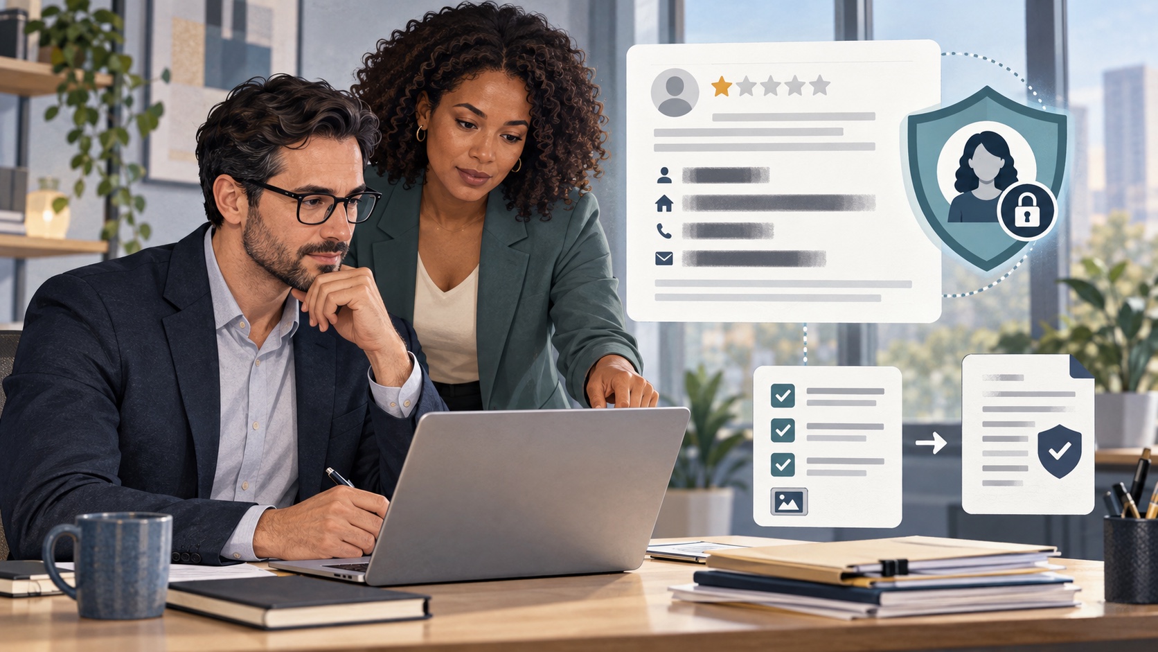 Business owner and reputation adviser reviewing a customer review with employee details redacted and protected