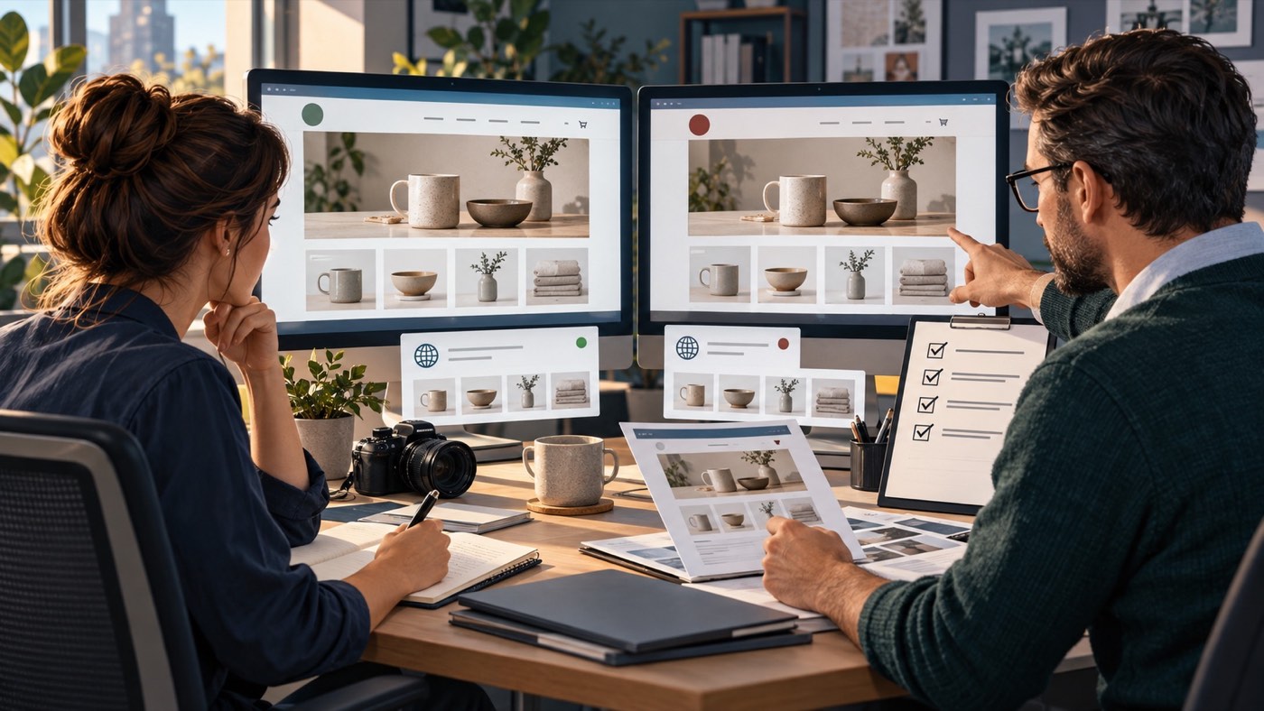 Business owner and web adviser comparing an original website with a copied version