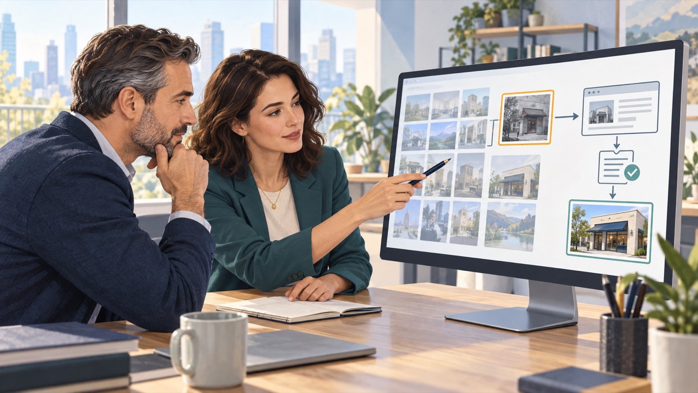 Business owner and search adviser tracing an unwanted image result to its source and planning an accurate update